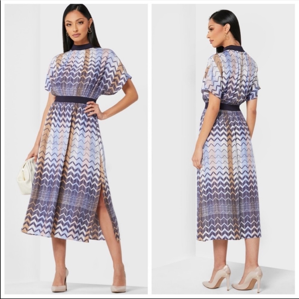 🎀NWT🎀Ted Baker Sporty-Chic 70’s Insp. Geometric Print Mock Neck Midi Dress